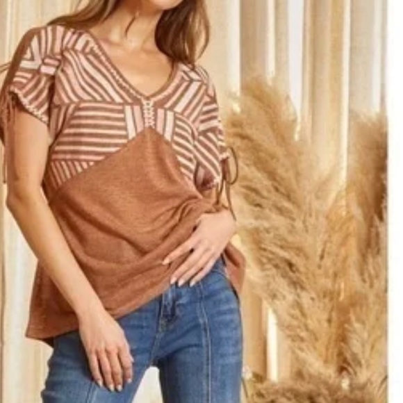 SAVANNA JANE BROWN & PINK BABYDOLL HIGH-LOW EMBROIDERED V-NECK CASUAL TOP SZ S - Picture 11 of 11